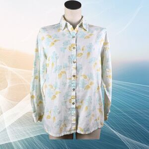 100% Linen Button Up Blouse STUDIO WORKS Cream Floral Shirt Size S Oversized